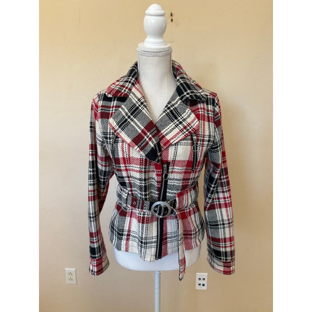 Plaid Moto Jacket Red Black Cream Belted Wool Blend Cato Small Zip Front Lined - Picture 2 of 12